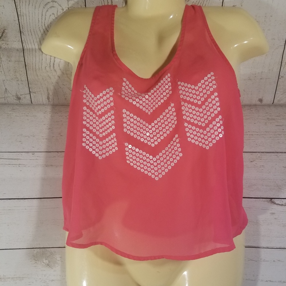 2 for 15.00 Material Girl Coral Sequin Sheer Top